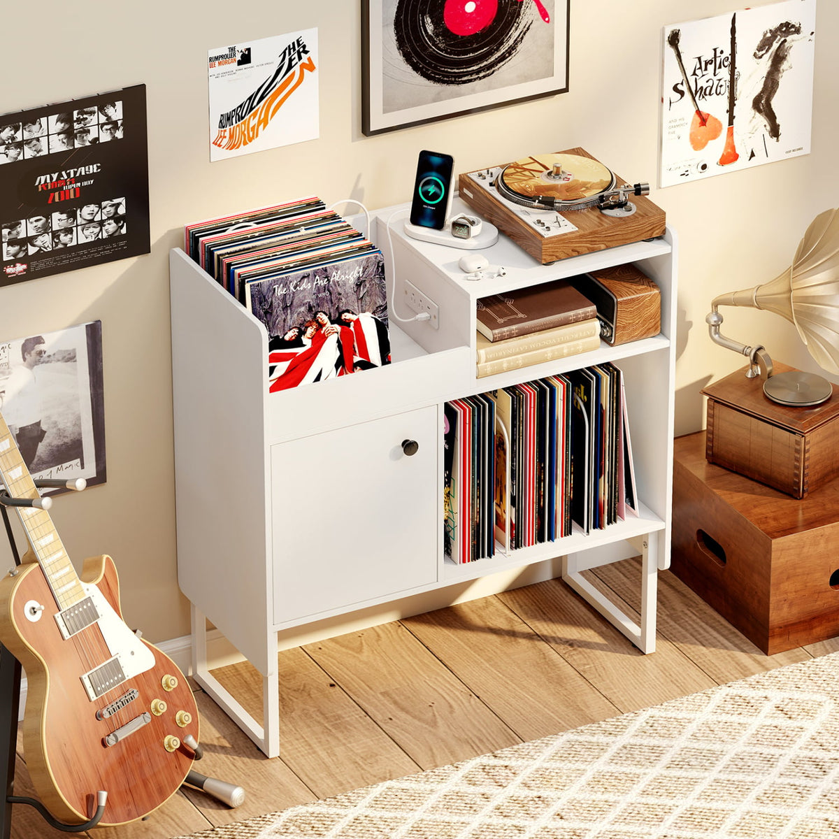 Record Player Stand with Power Outlets and Vinyl Storage Holder up to 250 Albums-White-End & Side Tables-DECOROLALA