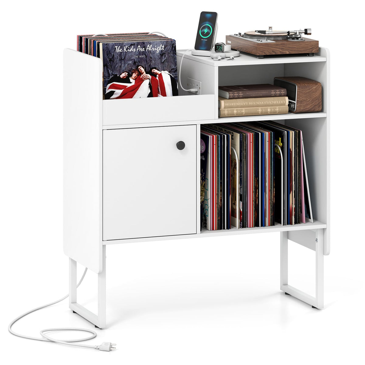 Record Player Stand with Power Outlets and Vinyl Storage Holder up to 250 Albums-White-End & Side Tables-DECOROLALA