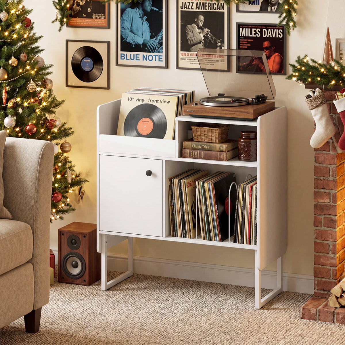 Record Player Stand with Power Outlets and Vinyl Storage Holder up to 250 Albums-White-End & Side Tables-DECOROLALA