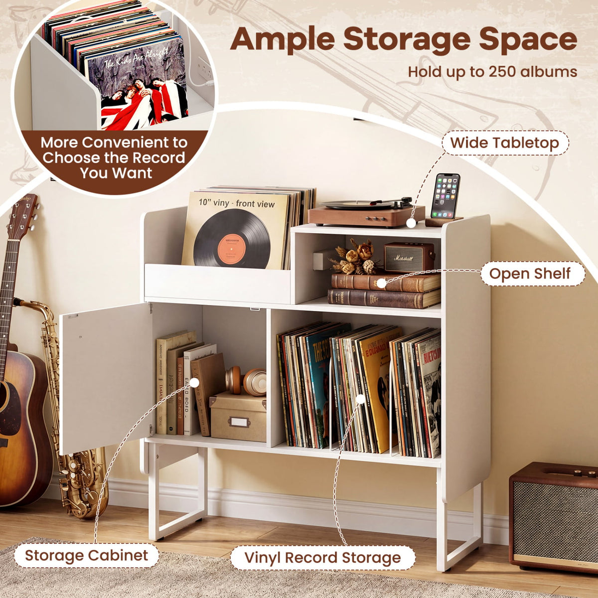 Record Player Stand with Power Outlets and Vinyl Storage Holder up to 250 Albums-White-End & Side Tables-DECOROLALA