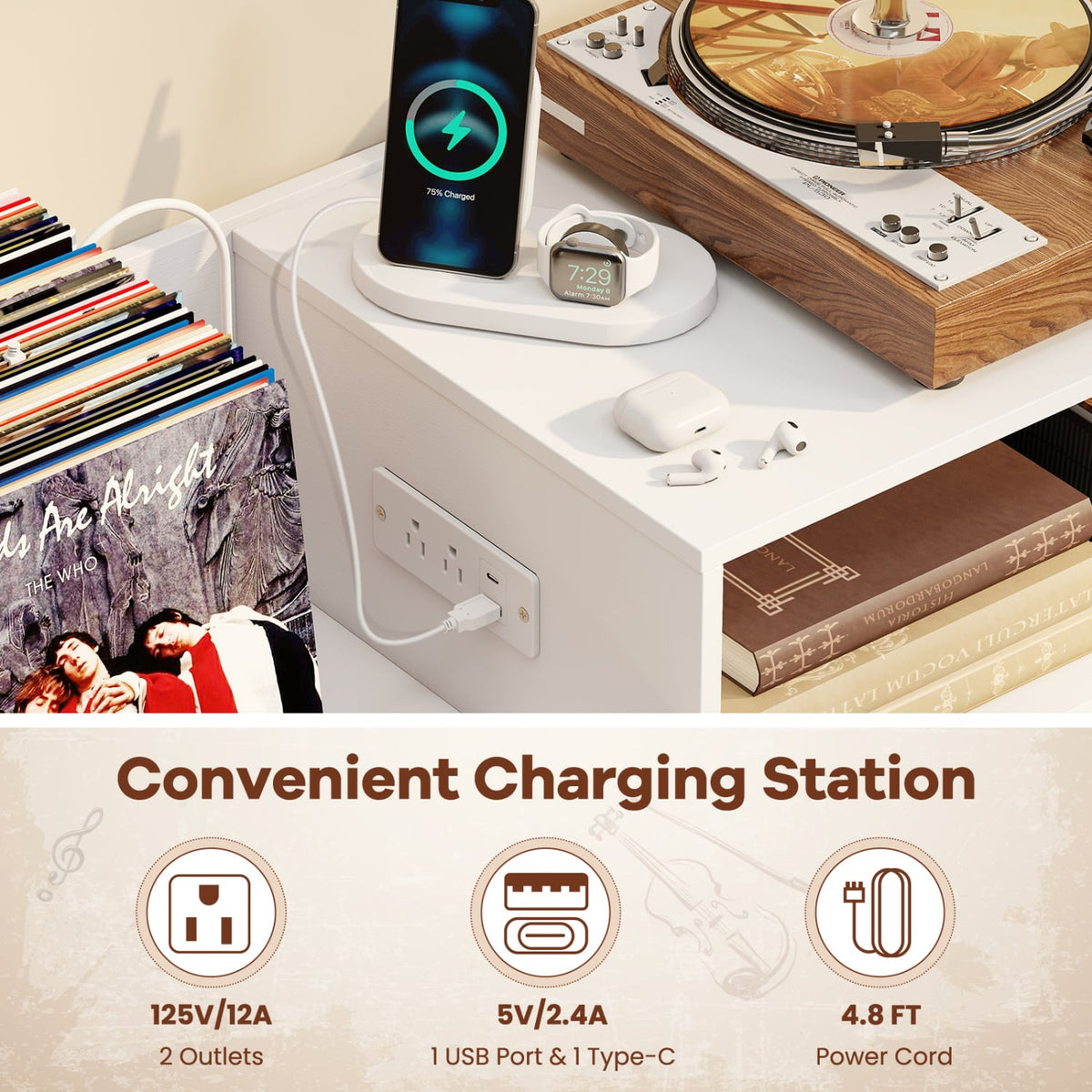 Record Player Stand with Power Outlets and Vinyl Storage Holder up to 250 Albums-White-End & Side Tables-DECOROLALA
