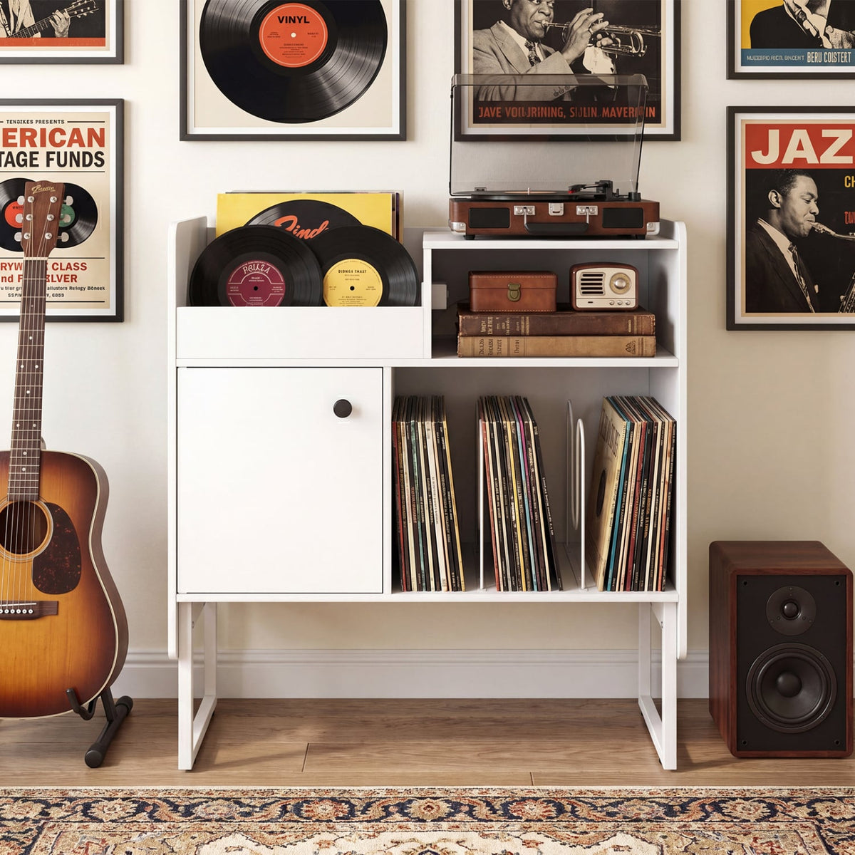 Record Player Stand with Power Outlets and Vinyl Storage Holder up to 250 Albums-White-End & Side Tables-DECOROLALA