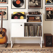 Record Player Stand with Power Outlets and Vinyl Storage Holder up to 250 Albums-White-End & Side Tables-DECOROLALA