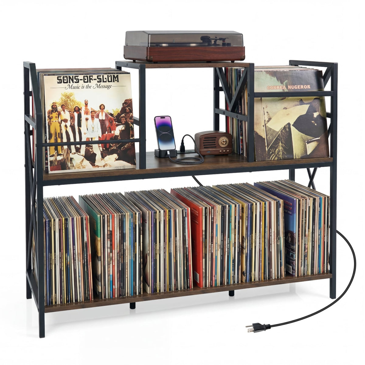 Record Player Stand with Power Outlets and Vinyl Storage and Dividers for Albums-Rustic Brown-End & Side Tables-DECOROLALA