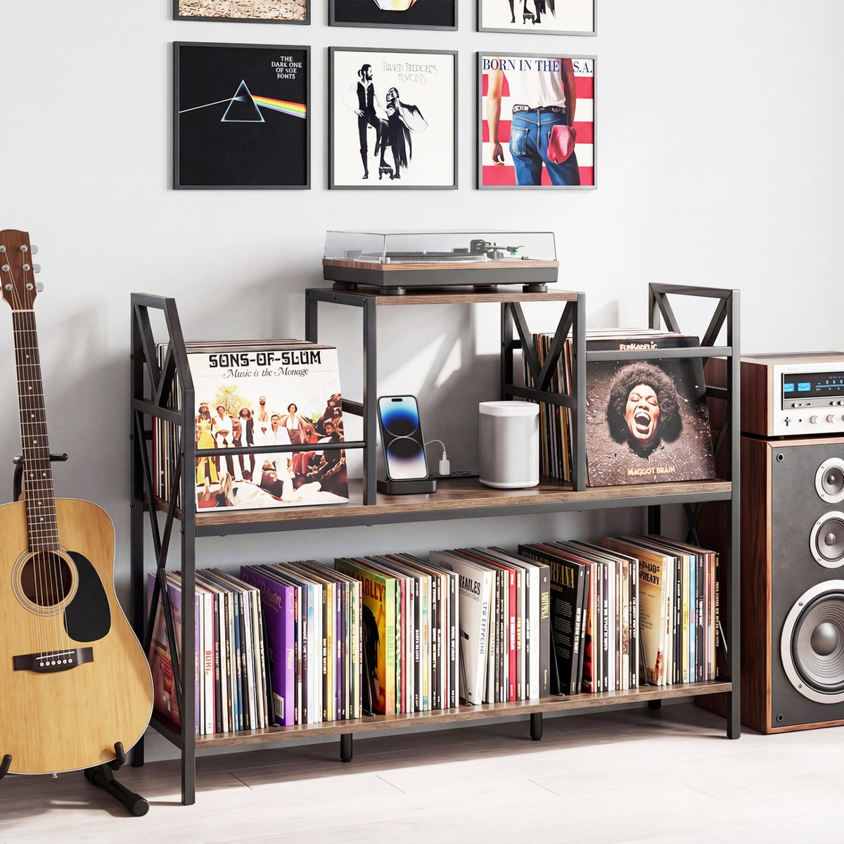 Record Player Stand with Power Outlets and Vinyl Storage and Dividers for Albums-Rustic Brown-End & Side Tables-DECOROLALA