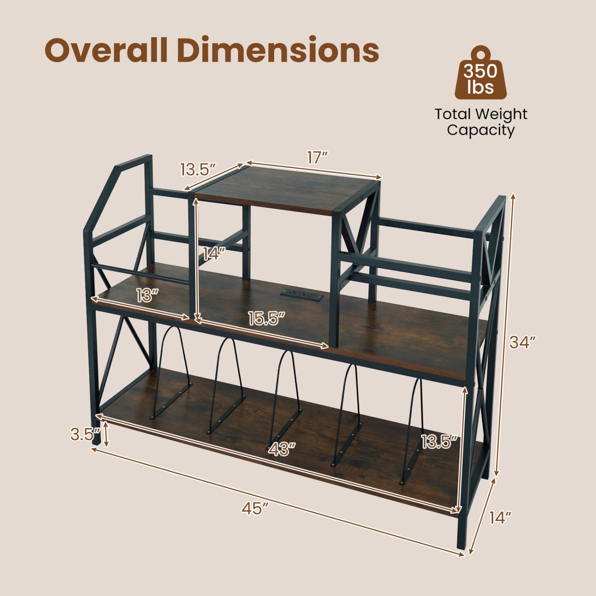 Record Player Stand with Power Outlets and Vinyl Storage and Dividers for Albums-Rustic Brown-End & Side Tables-DECOROLALA