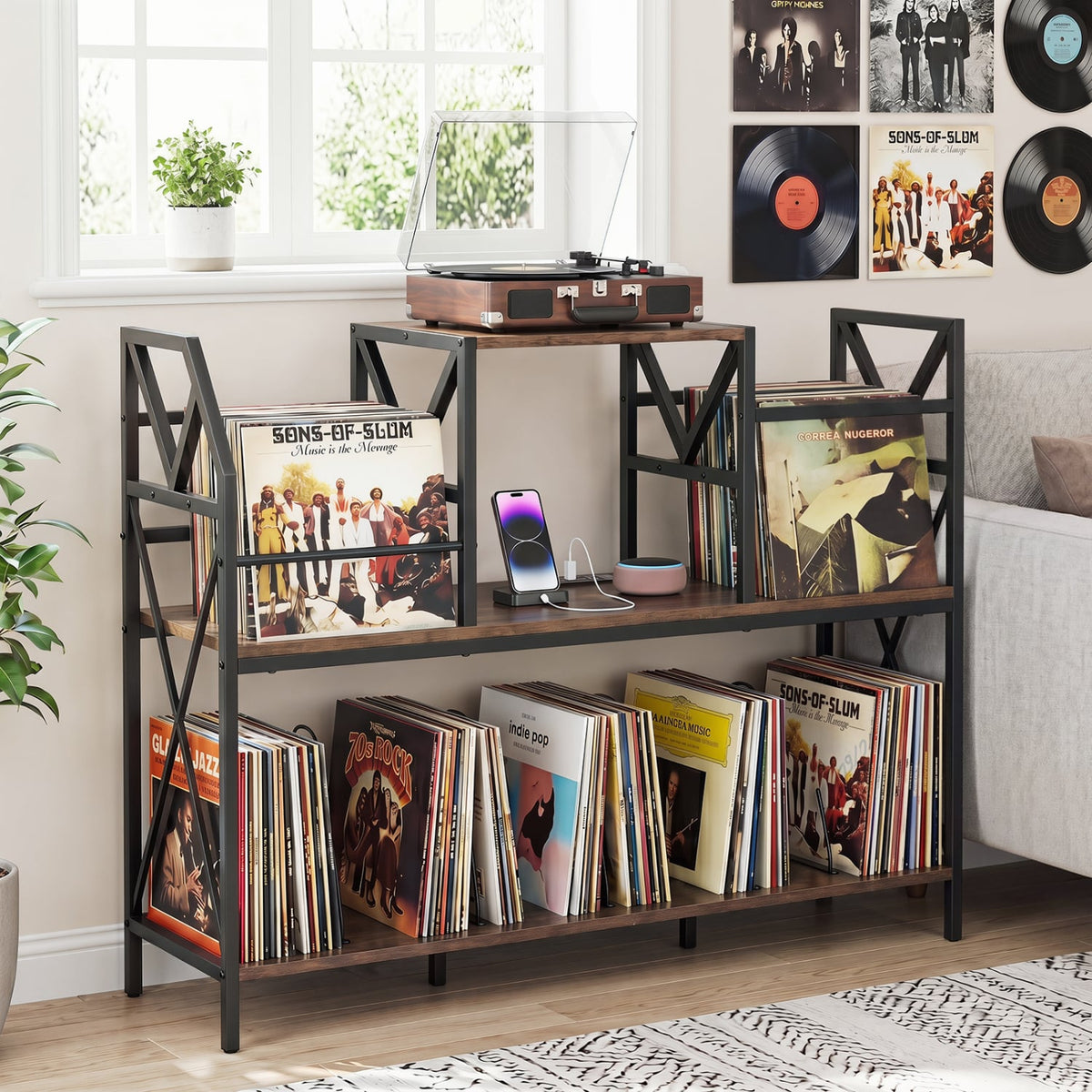 Record Player Stand with Power Outlets and Vinyl Storage and Dividers for Albums-Rustic Brown-End & Side Tables-DECOROLALA
