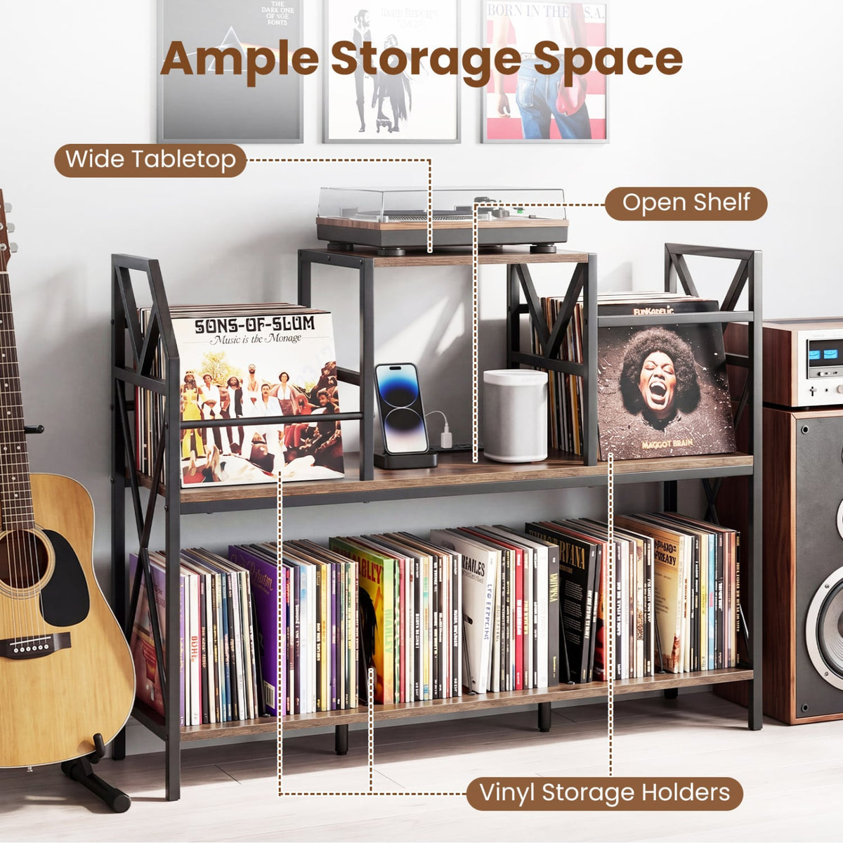 Record Player Stand with Power Outlets and Vinyl Storage and Dividers for Albums-Rustic Brown-End & Side Tables-DECOROLALA