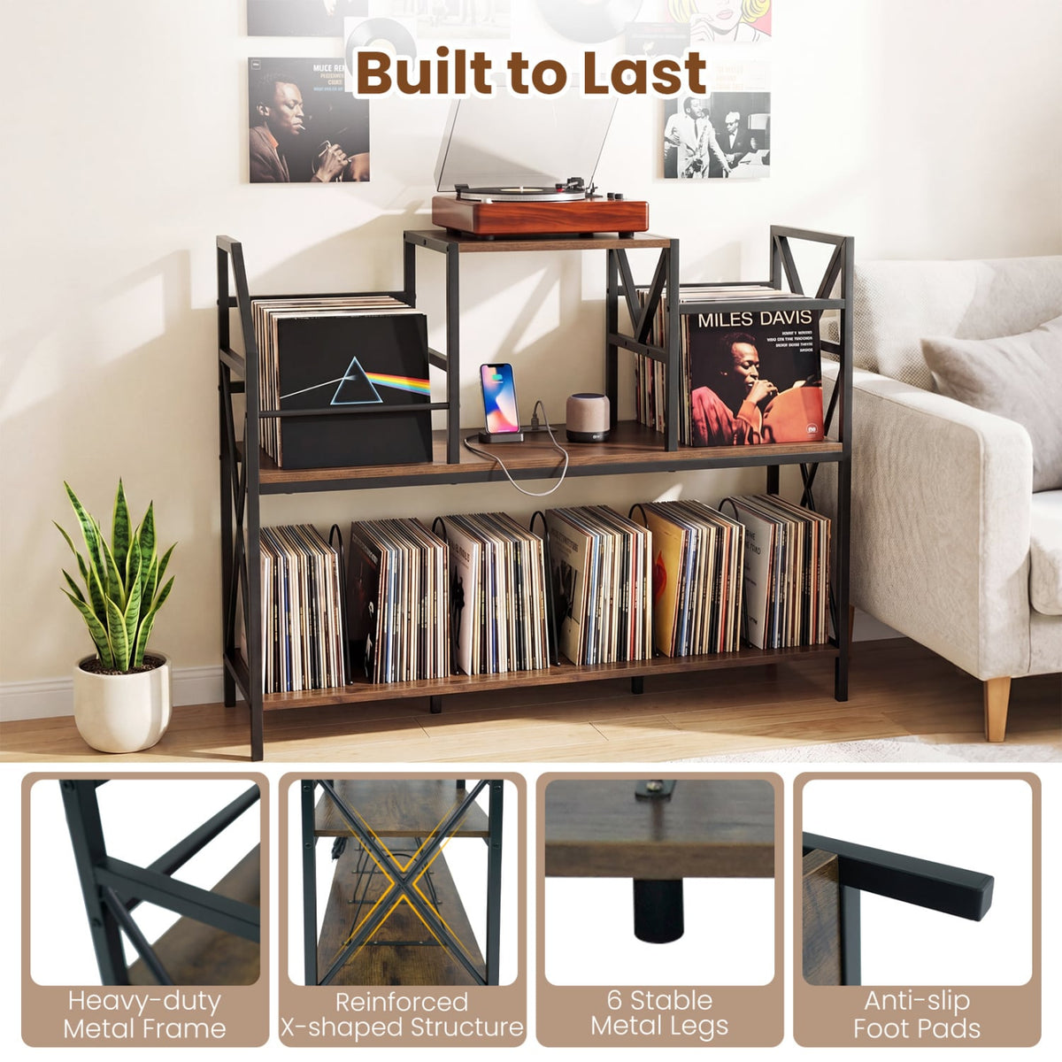 Record Player Stand with Power Outlets and Vinyl Storage and Dividers for Albums-Rustic Brown-End & Side Tables-DECOROLALA