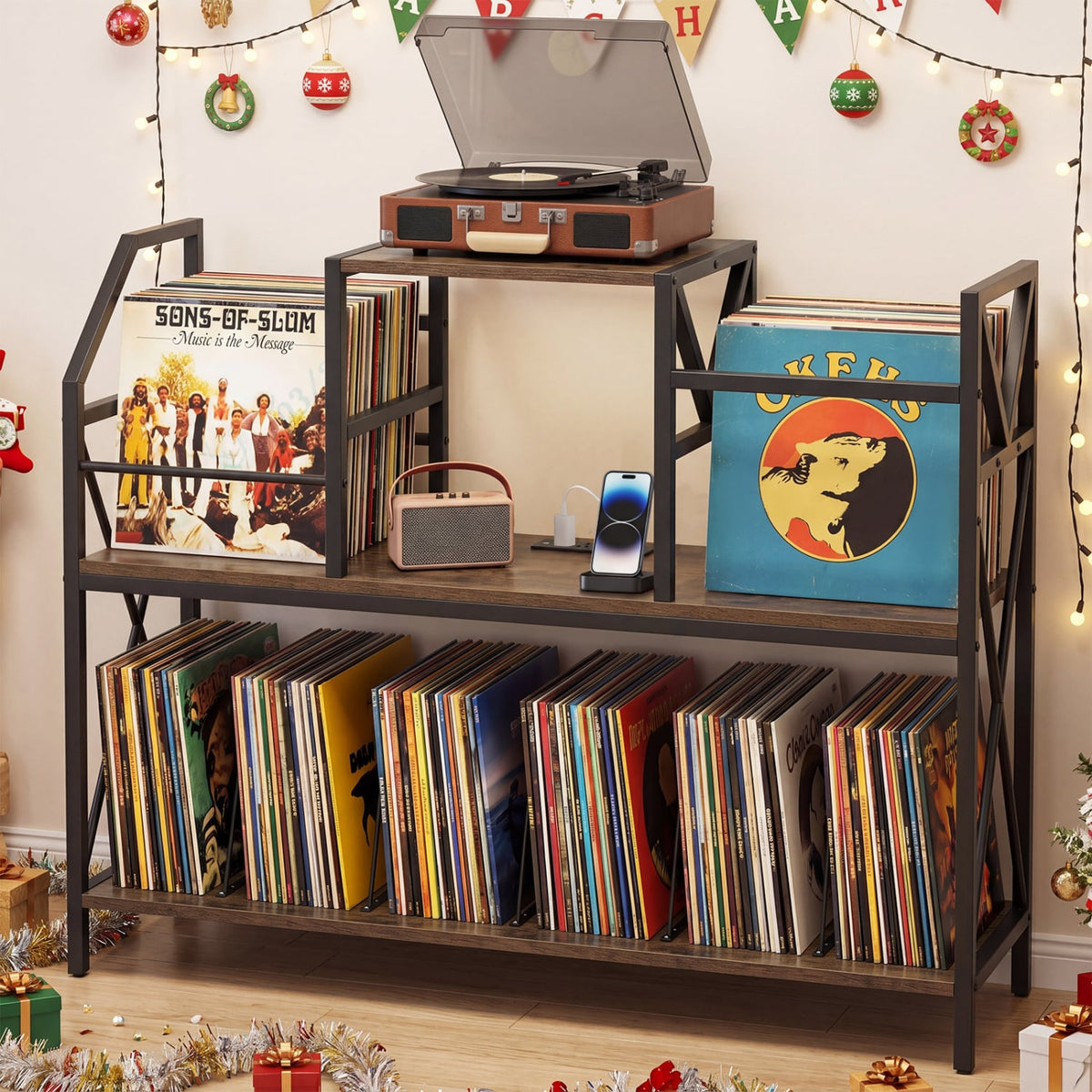 Record Player Stand with Power Outlets and Vinyl Storage and Dividers for Albums-Rustic Brown-End & Side Tables-DECOROLALA