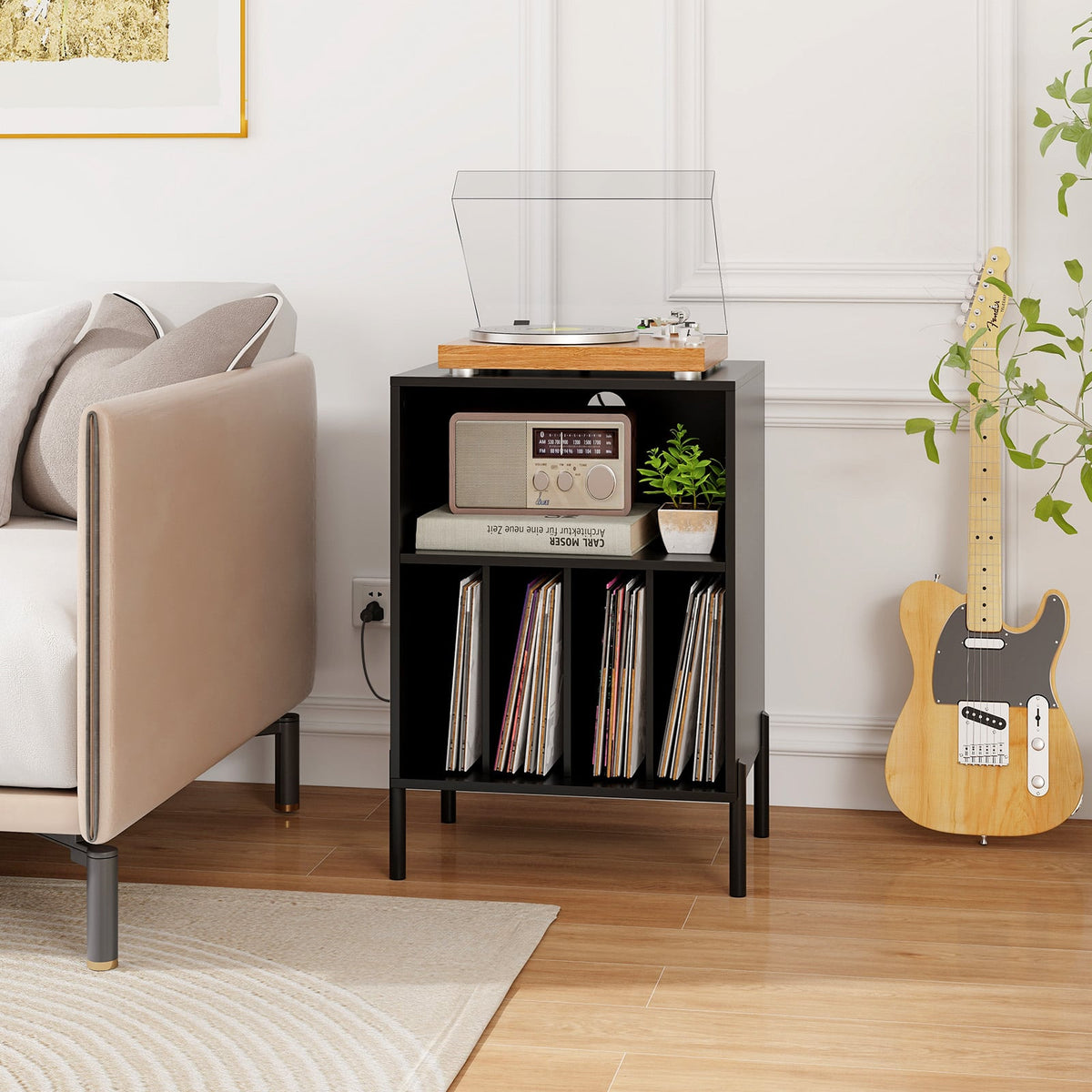 Record Player Stand with Record Storage Shelf and Charging Station-Black-End & Side Tables-DECOROLALA