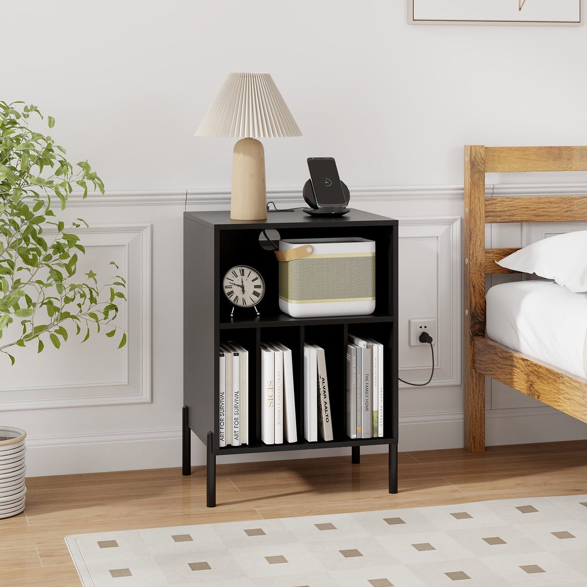 Record Player Stand with Record Storage Shelf and Charging Station-Black-End & Side Tables-DECOROLALA
