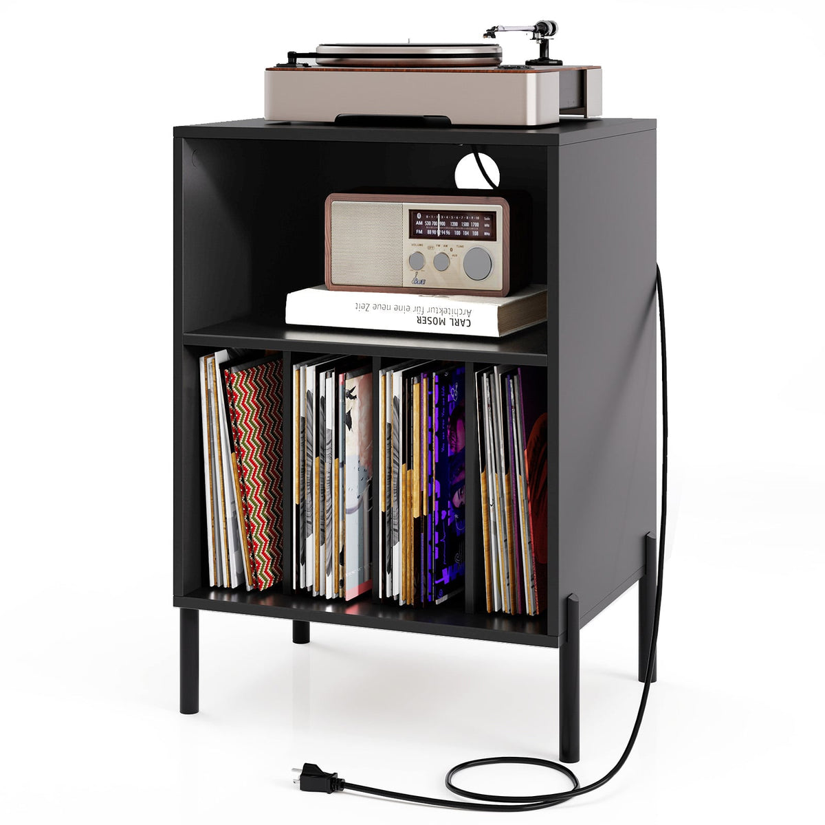 Record Player Stand with Record Storage Shelf and Charging Station-Black-End & Side Tables-DECOROLALA