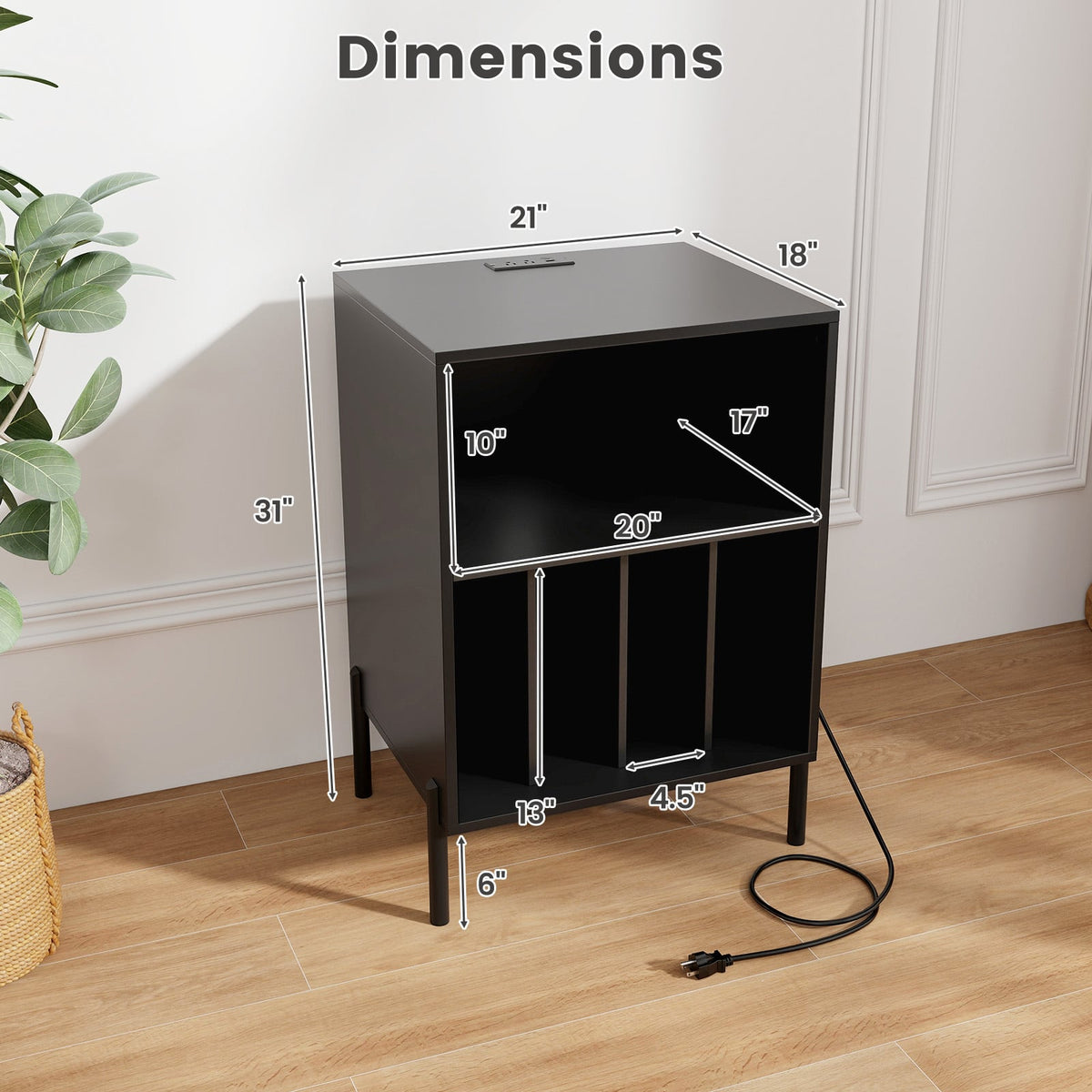 Record Player Stand with Record Storage Shelf and Charging Station-Black-End & Side Tables-DECOROLALA