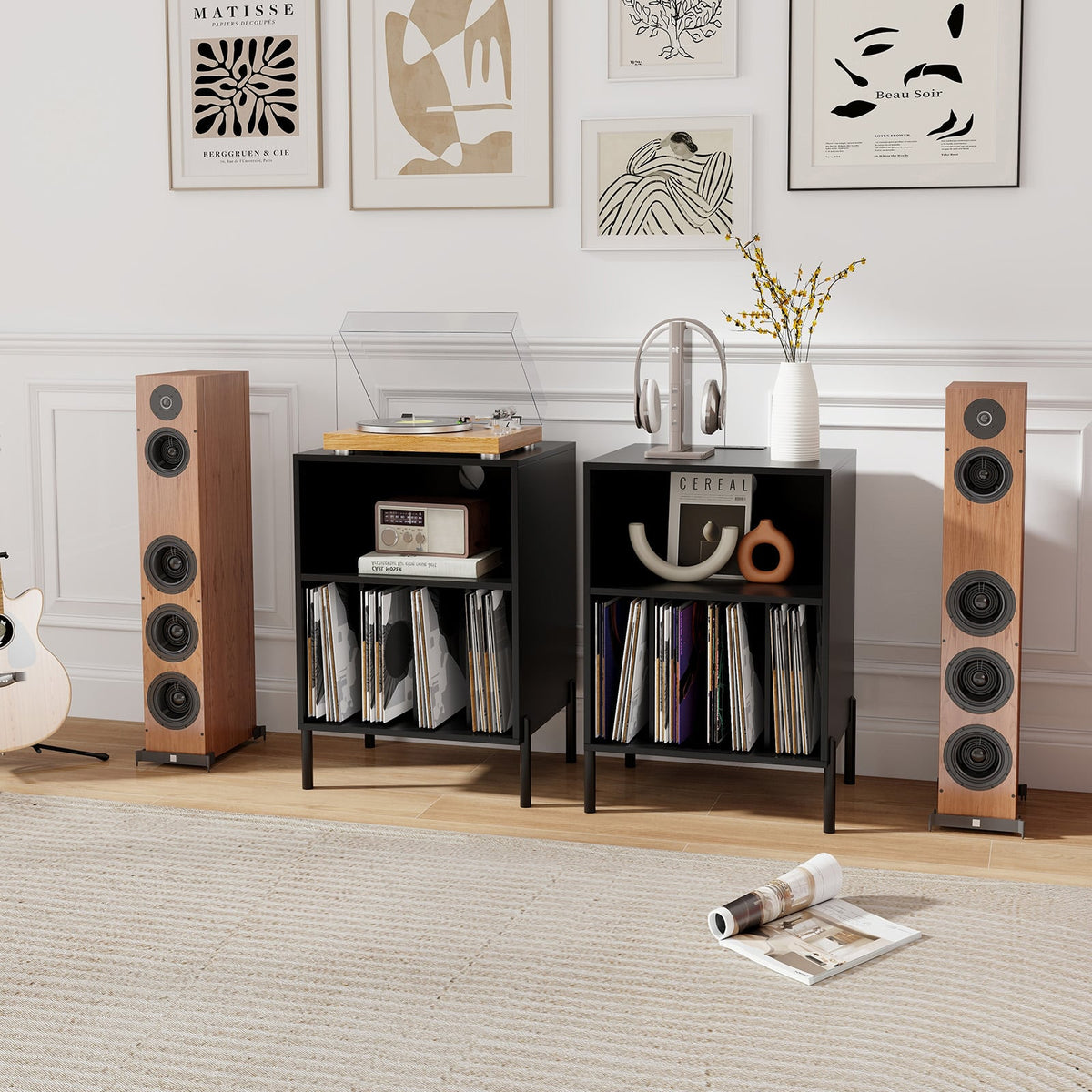 Record Player Stand with Record Storage Shelf and Charging Station-Black-End & Side Tables-DECOROLALA