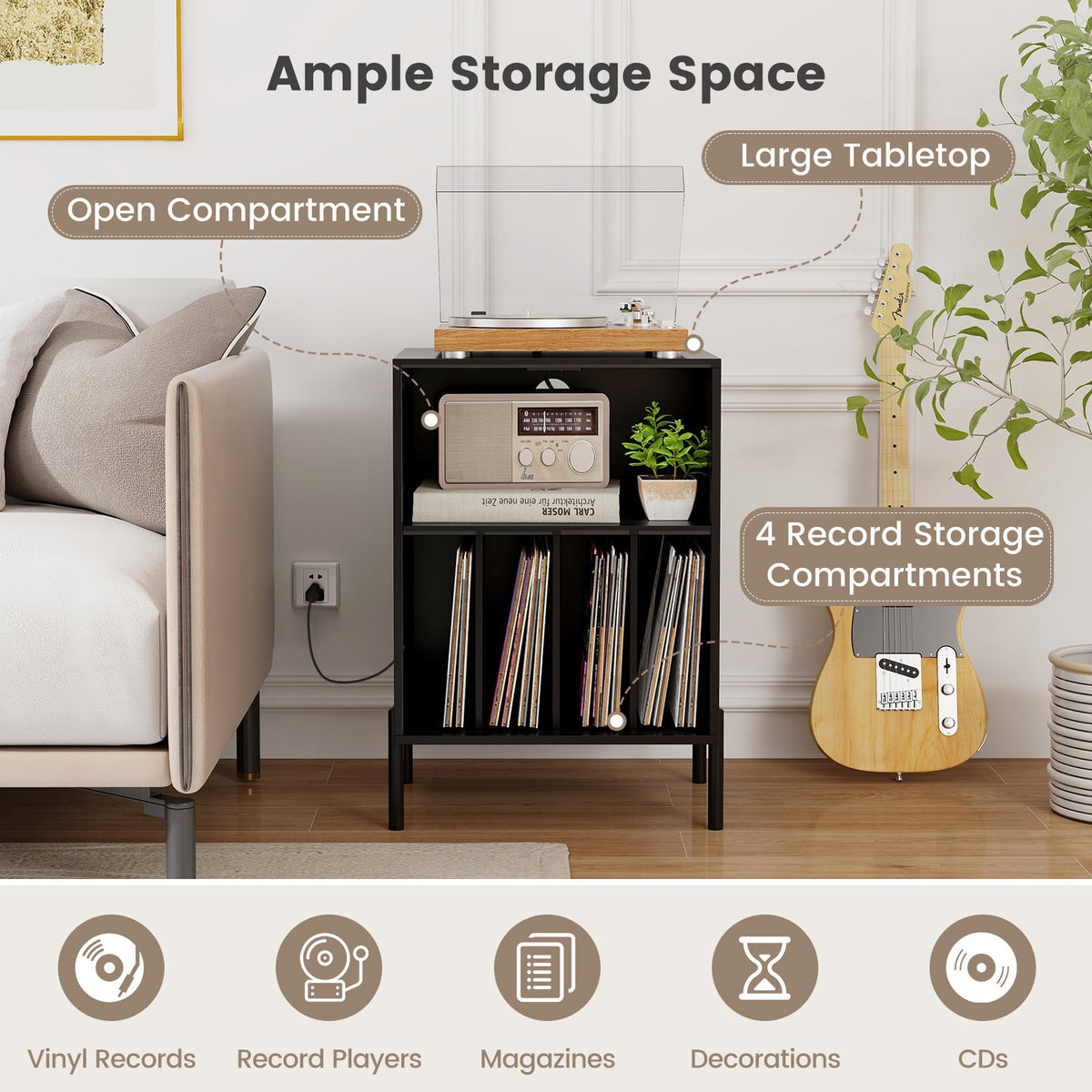 Record Player Stand with Record Storage Shelf and Charging Station-Black-End & Side Tables-DECOROLALA