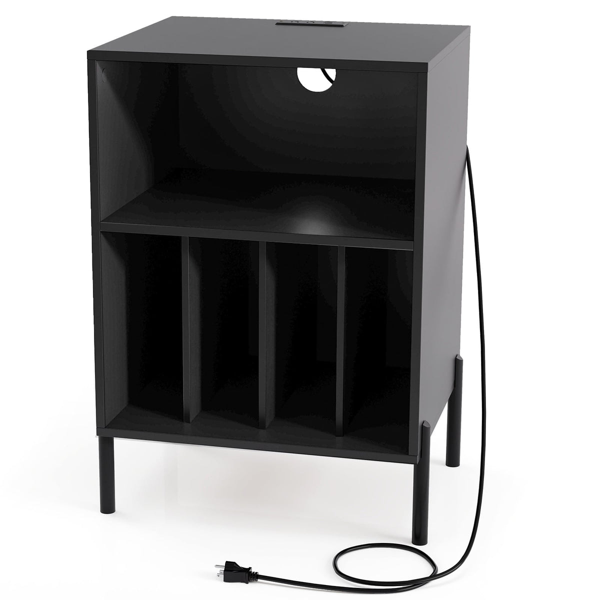Record Player Stand with Record Storage Shelf and Charging Station-Black-End & Side Tables-DECOROLALA