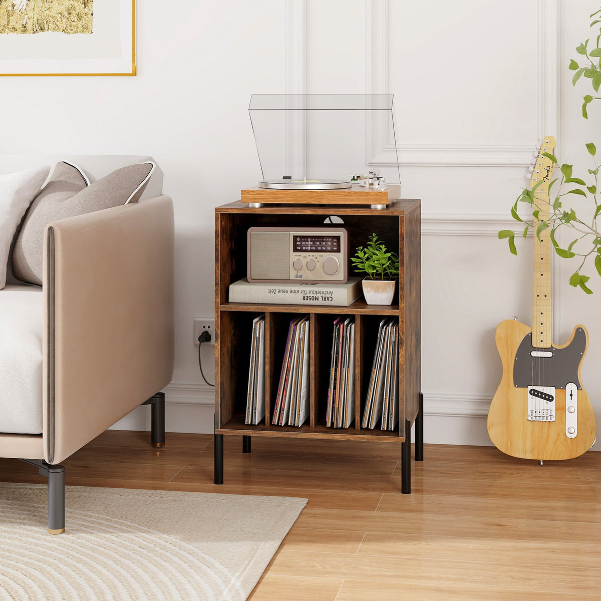 Record Player Stand with Record Storage Shelf and Charging Station-Coffee-End & Side Tables-DECOROLALA
