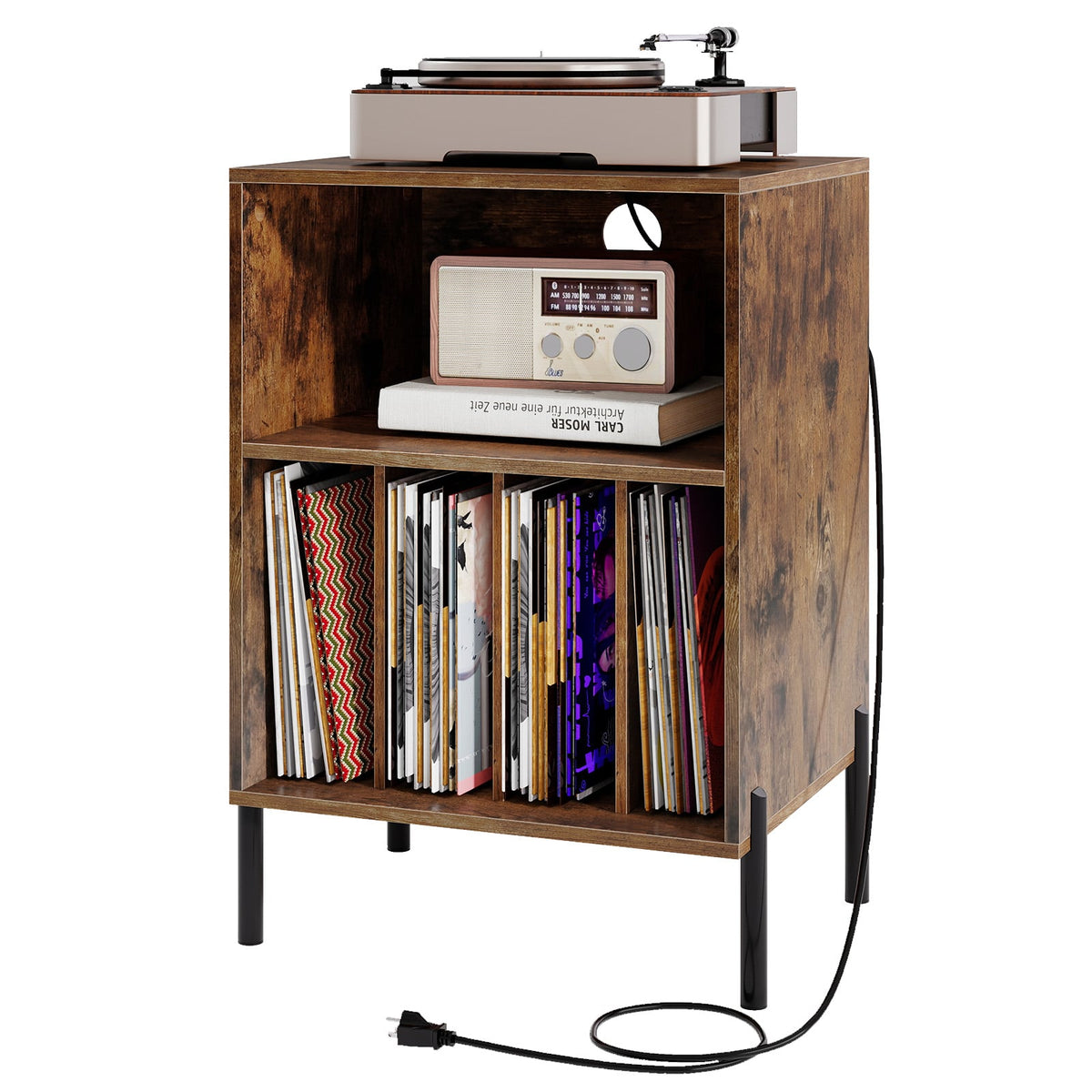 Record Player Stand with Record Storage Shelf and Charging Station-Coffee-End & Side Tables-DECOROLALA
