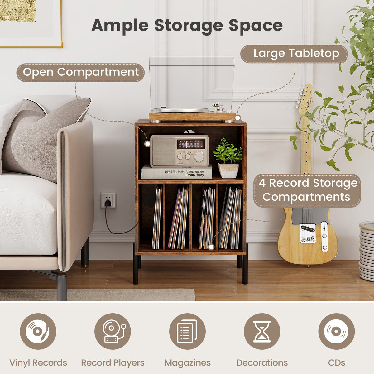 Record Player Stand with Record Storage Shelf and Charging Station-Coffee-End & Side Tables-DECOROLALA