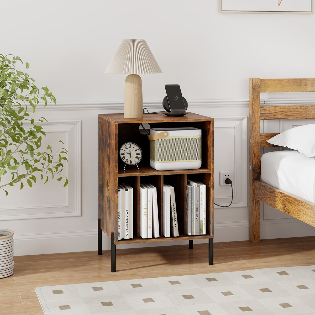 Record Player Stand with Record Storage Shelf and Charging Station-Coffee-End & Side Tables-DECOROLALA
