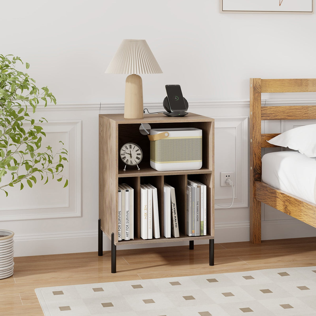 Record Player Stand with Record Storage Shelf and Charging Station-Natural-End & Side Tables-DECOROLALA