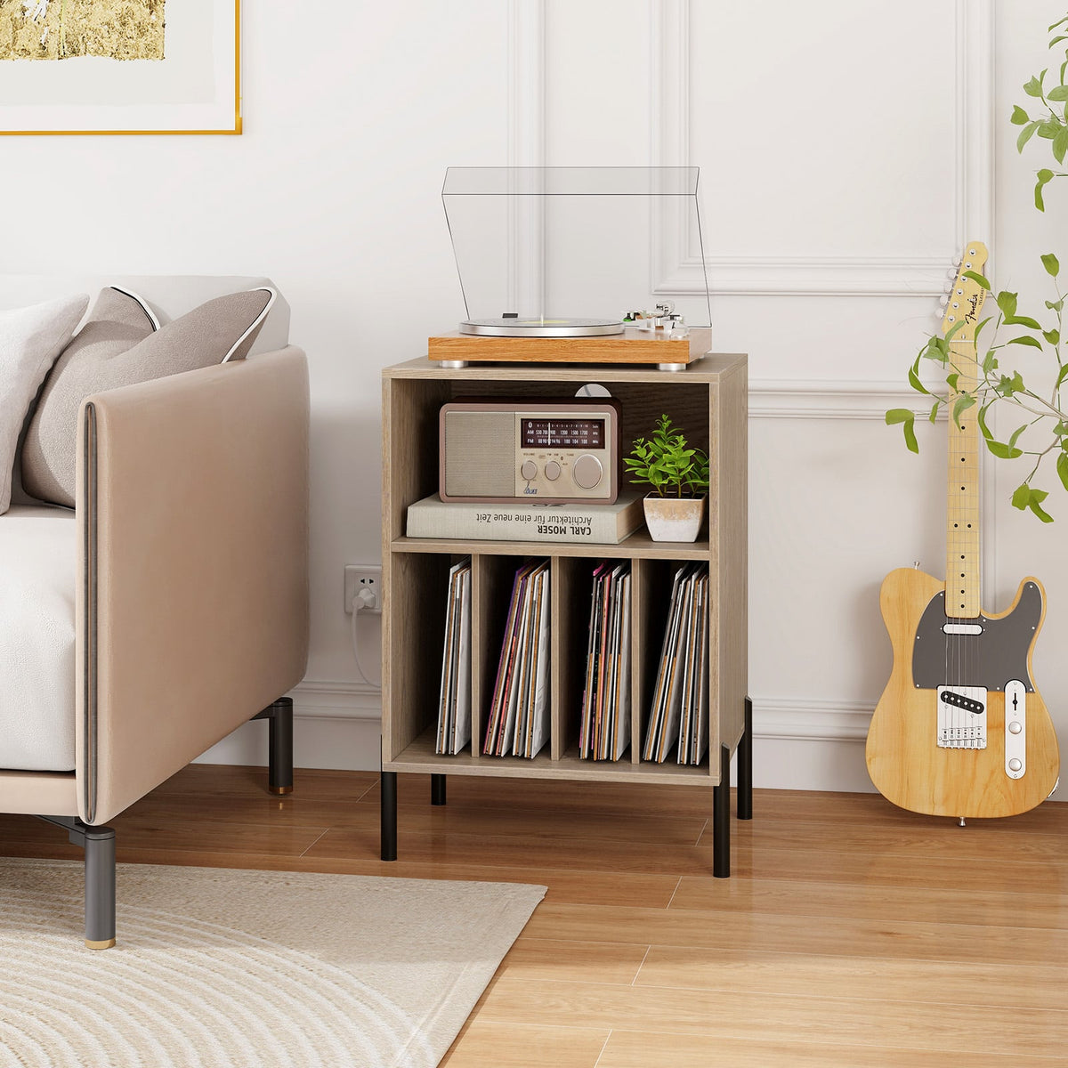 Record Player Stand with Record Storage Shelf and Charging Station-Natural-End & Side Tables-DECOROLALA