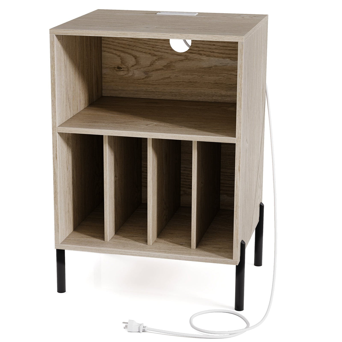 Record Player Stand with Record Storage Shelf and Charging Station-Natural-End & Side Tables-DECOROLALA