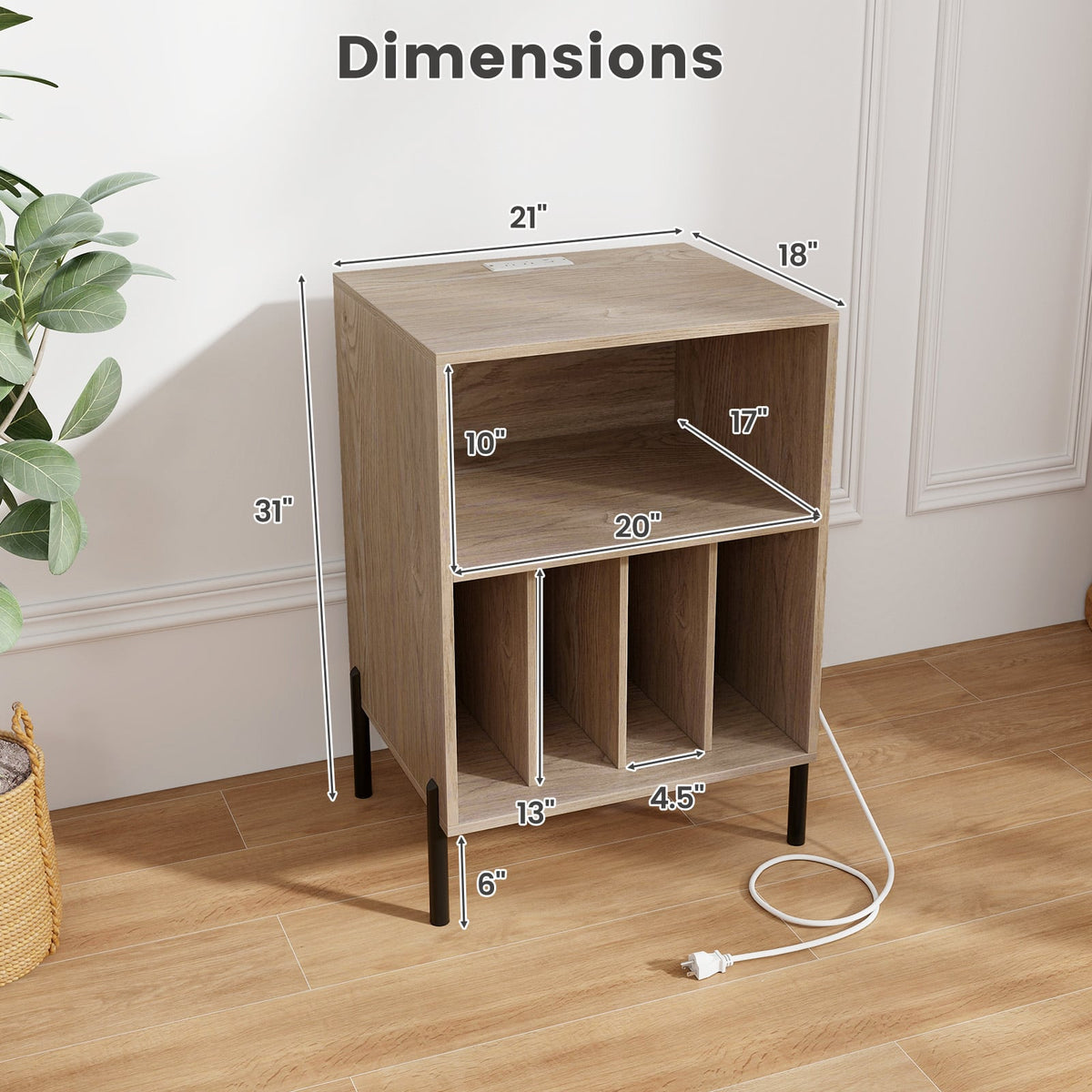 Record Player Stand with Record Storage Shelf and Charging Station-Natural-End & Side Tables-DECOROLALA
