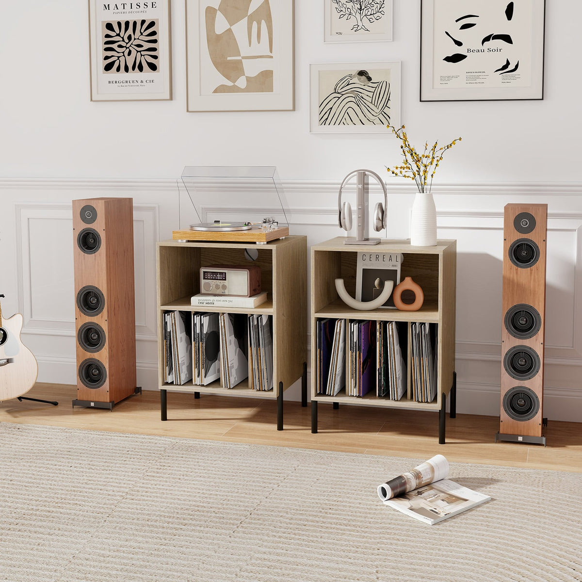 Record Player Stand with Record Storage Shelf and Charging Station-Natural-End & Side Tables-DECOROLALA