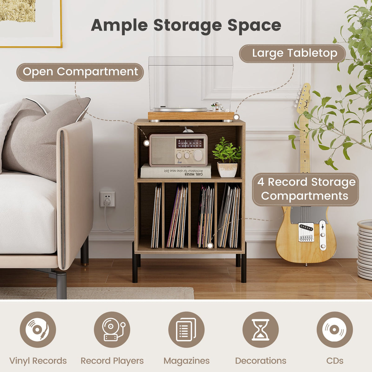 Record Player Stand with Record Storage Shelf and Charging Station-Natural-End & Side Tables-DECOROLALA