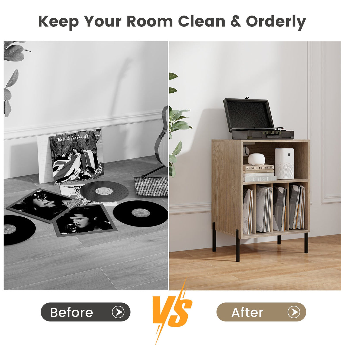 Record Player Stand with Record Storage Shelf and Charging Station-Natural-End & Side Tables-DECOROLALA