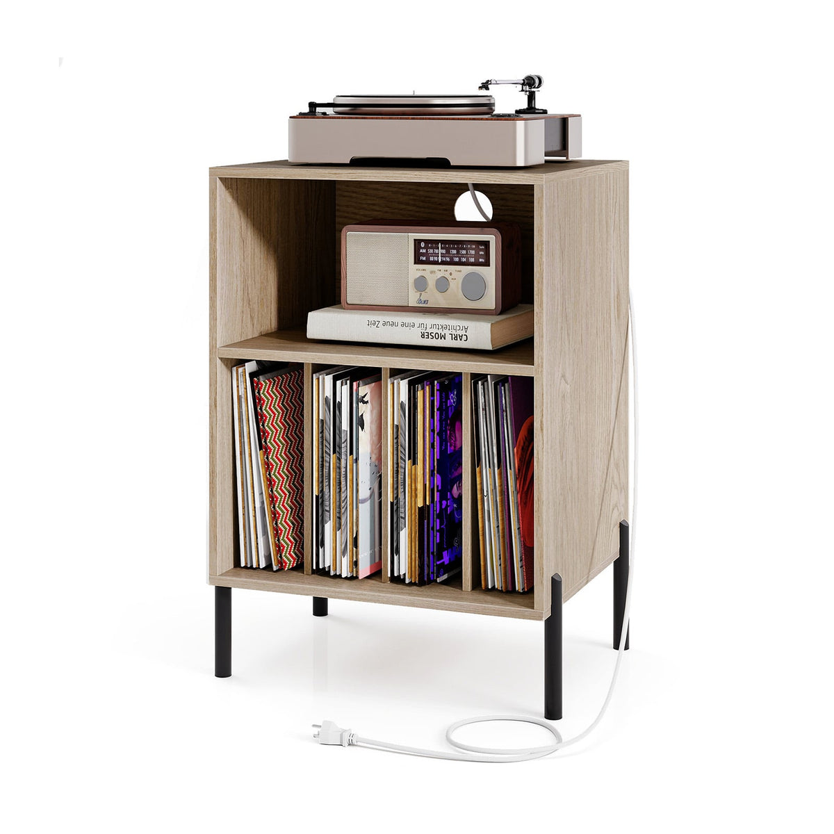 Record Player Stand with Record Storage Shelf and Charging Station-Natural-End & Side Tables-DECOROLALA