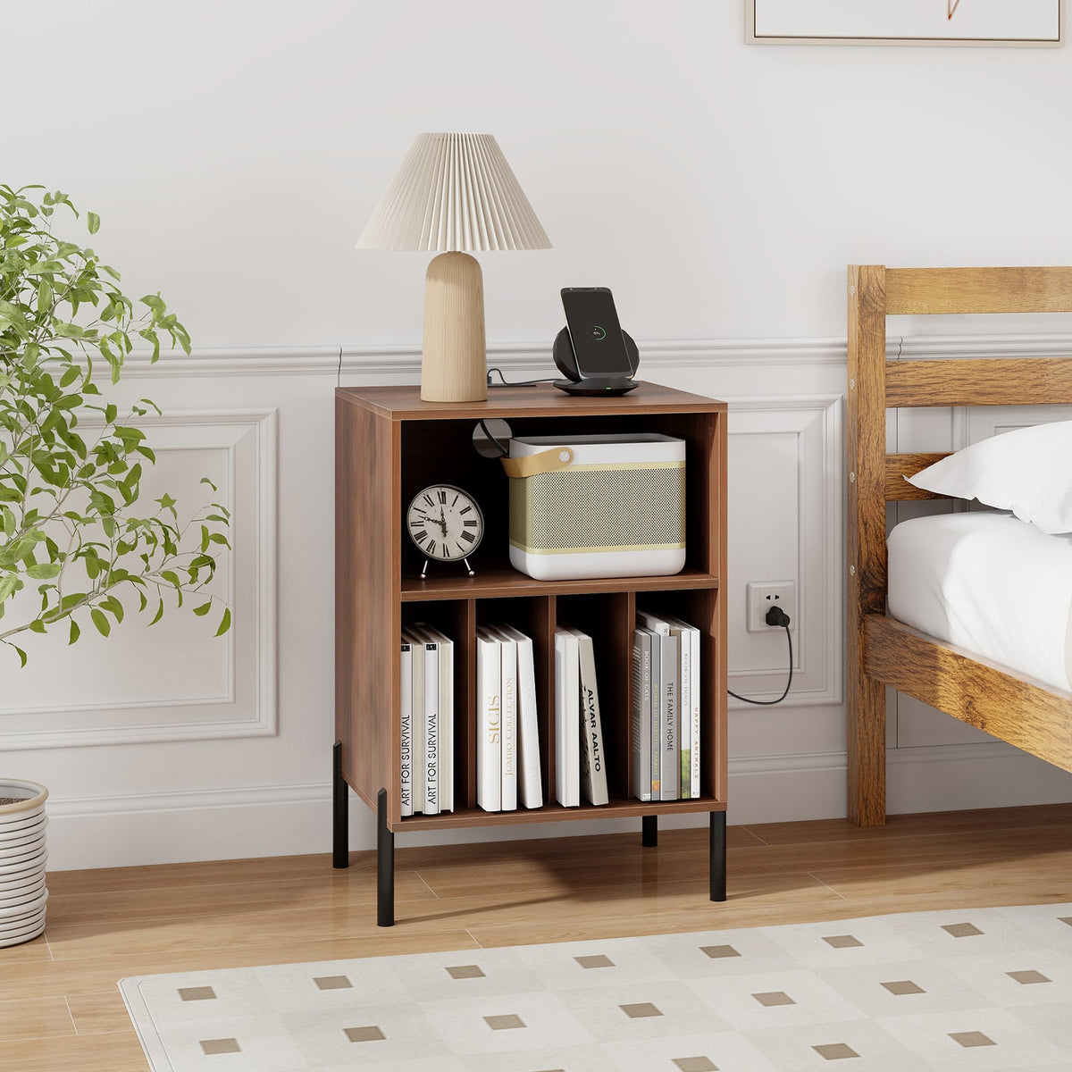 Record Player Stand with Record Storage Shelf and Charging Station-Walnut-End & Side Tables-DECOROLALA