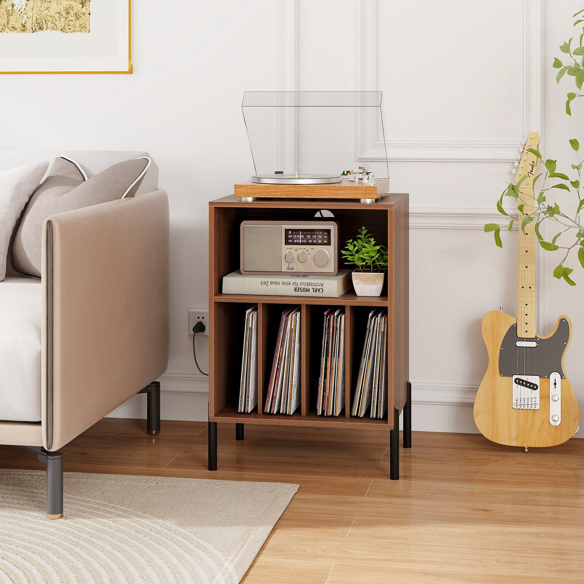 Record Player Stand with Record Storage Shelf and Charging Station-Walnut-End & Side Tables-DECOROLALA