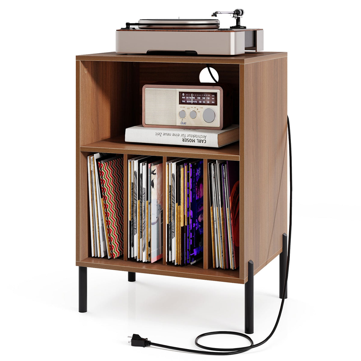 Record Player Stand with Record Storage Shelf and Charging Station-Walnut-End & Side Tables-DECOROLALA