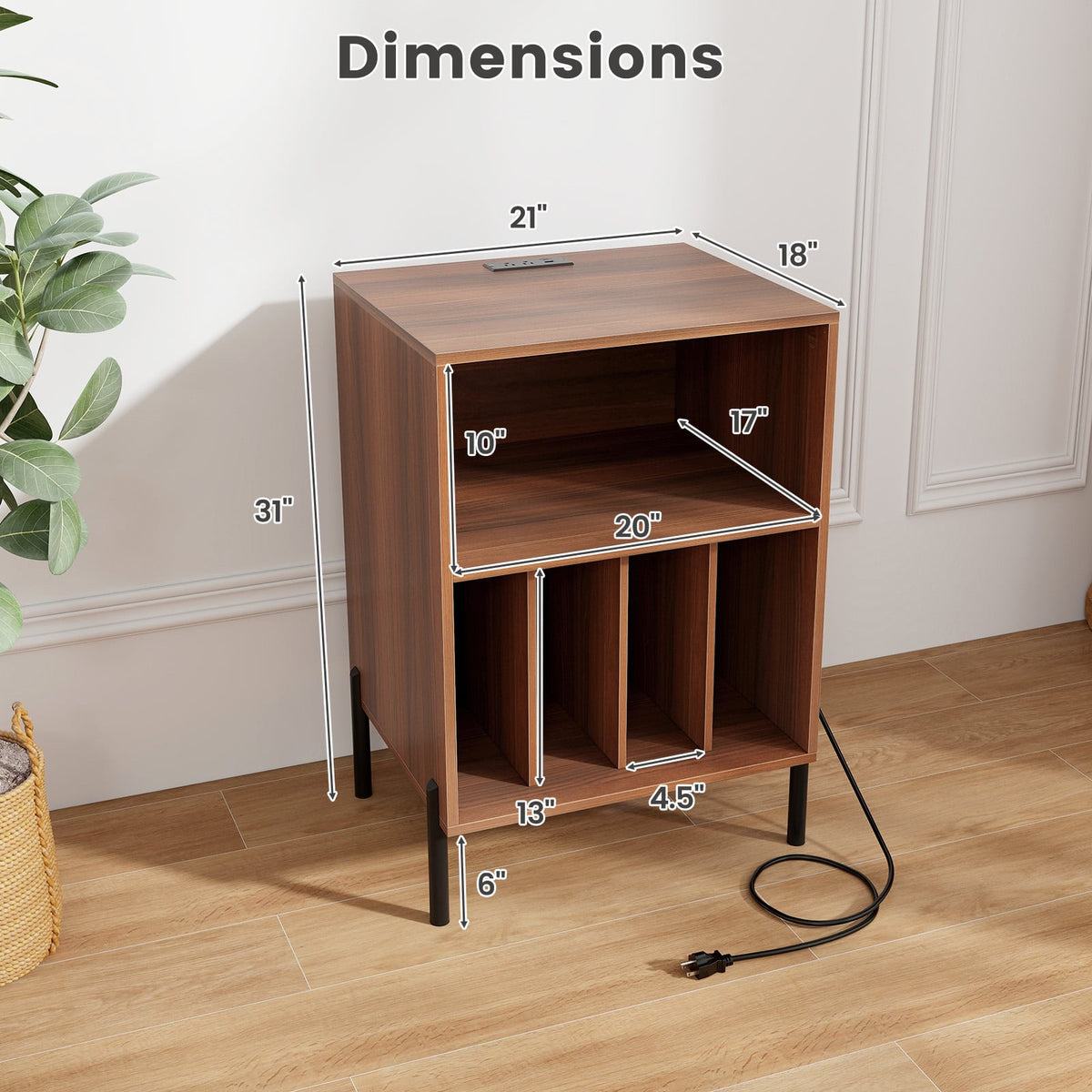 Record Player Stand with Record Storage Shelf and Charging Station-Walnut-End & Side Tables-DECOROLALA