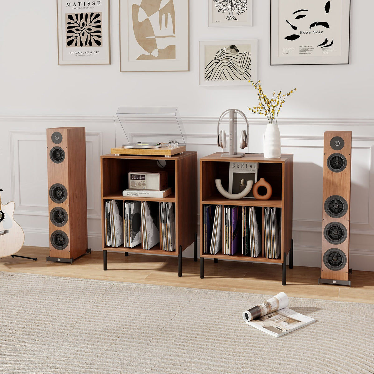 Record Player Stand with Record Storage Shelf and Charging Station-Walnut-End & Side Tables-DECOROLALA