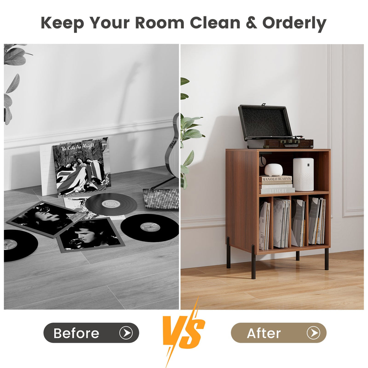 Record Player Stand with Record Storage Shelf and Charging Station-Walnut-End & Side Tables-DECOROLALA
