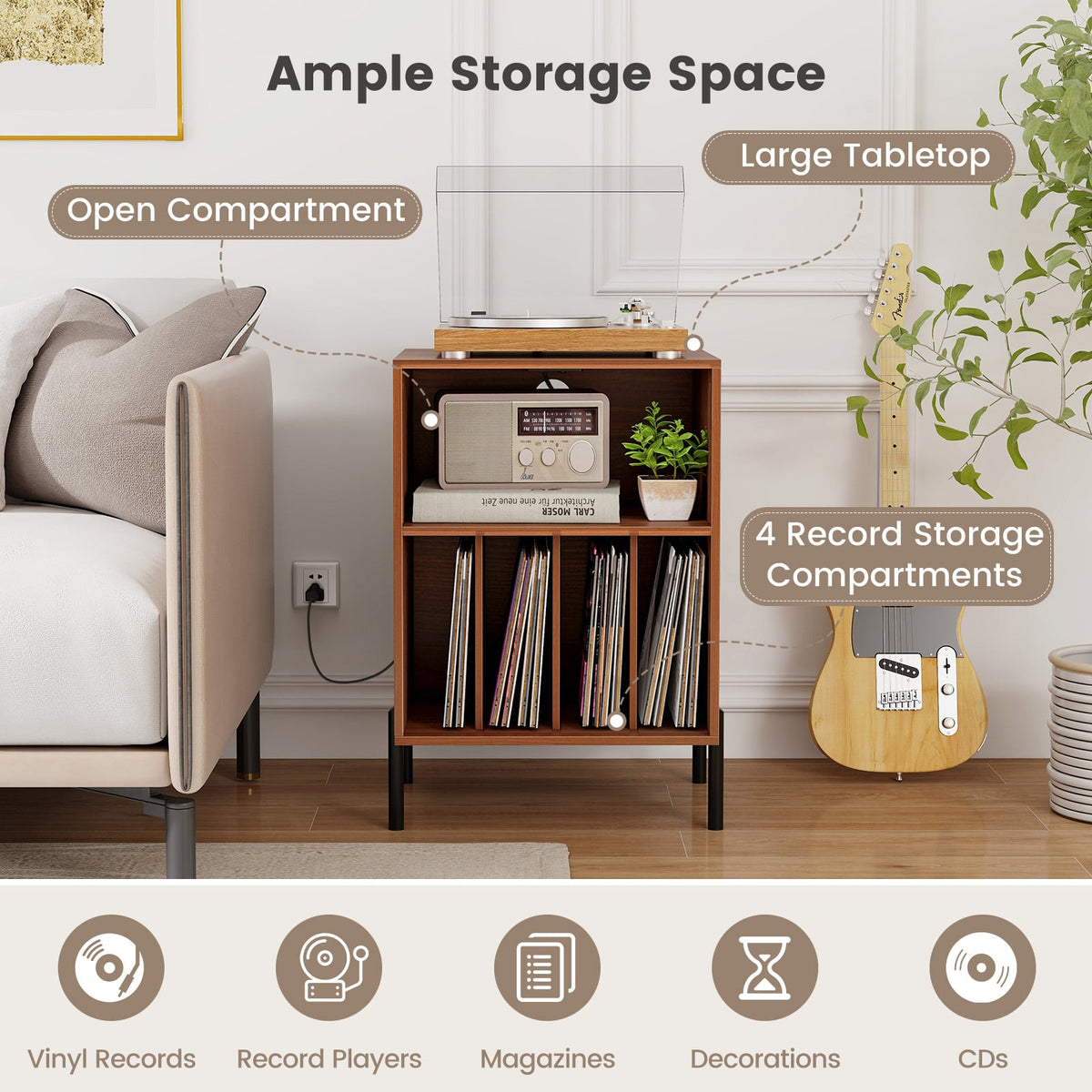 Record Player Stand with Record Storage Shelf and Charging Station-Walnut-End & Side Tables-DECOROLALA