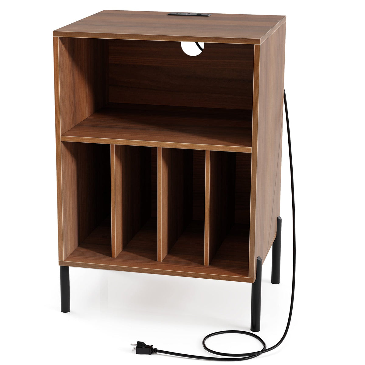 Record Player Stand with Record Storage Shelf and Charging Station-Walnut-End & Side Tables-DECOROLALA