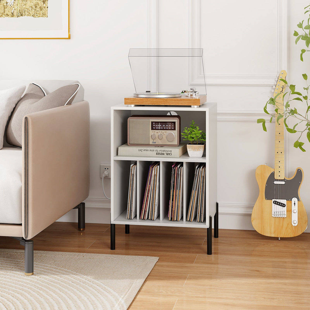 Record Player Stand with Record Storage Shelf and Charging Station-White-End & Side Tables-DECOROLALA