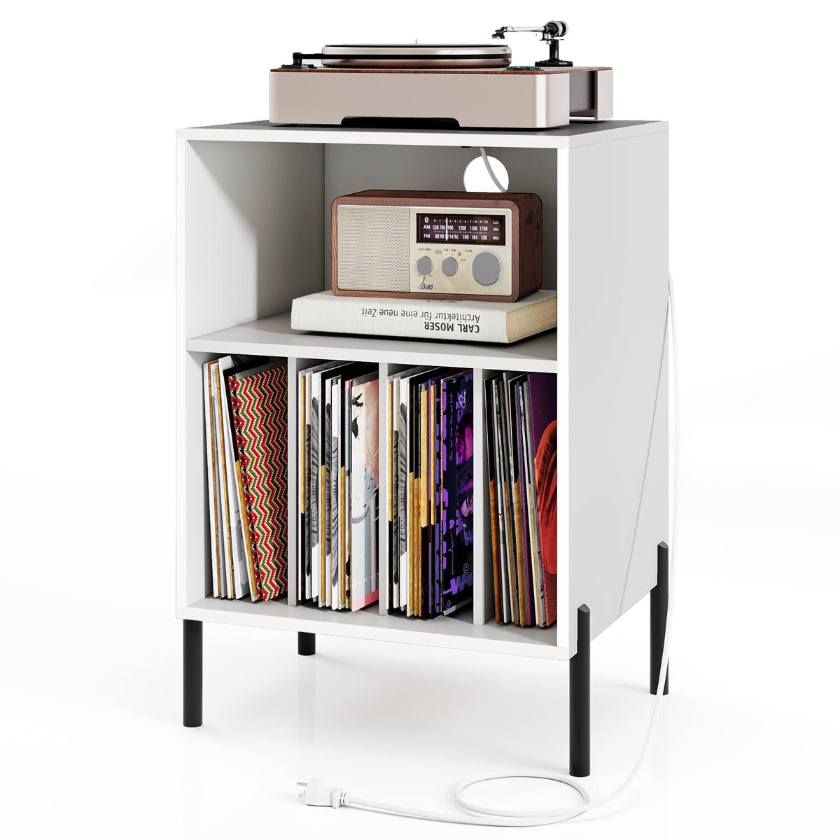 Record Player Stand with Record Storage Shelf and Charging Station-White-End & Side Tables-DECOROLALA
