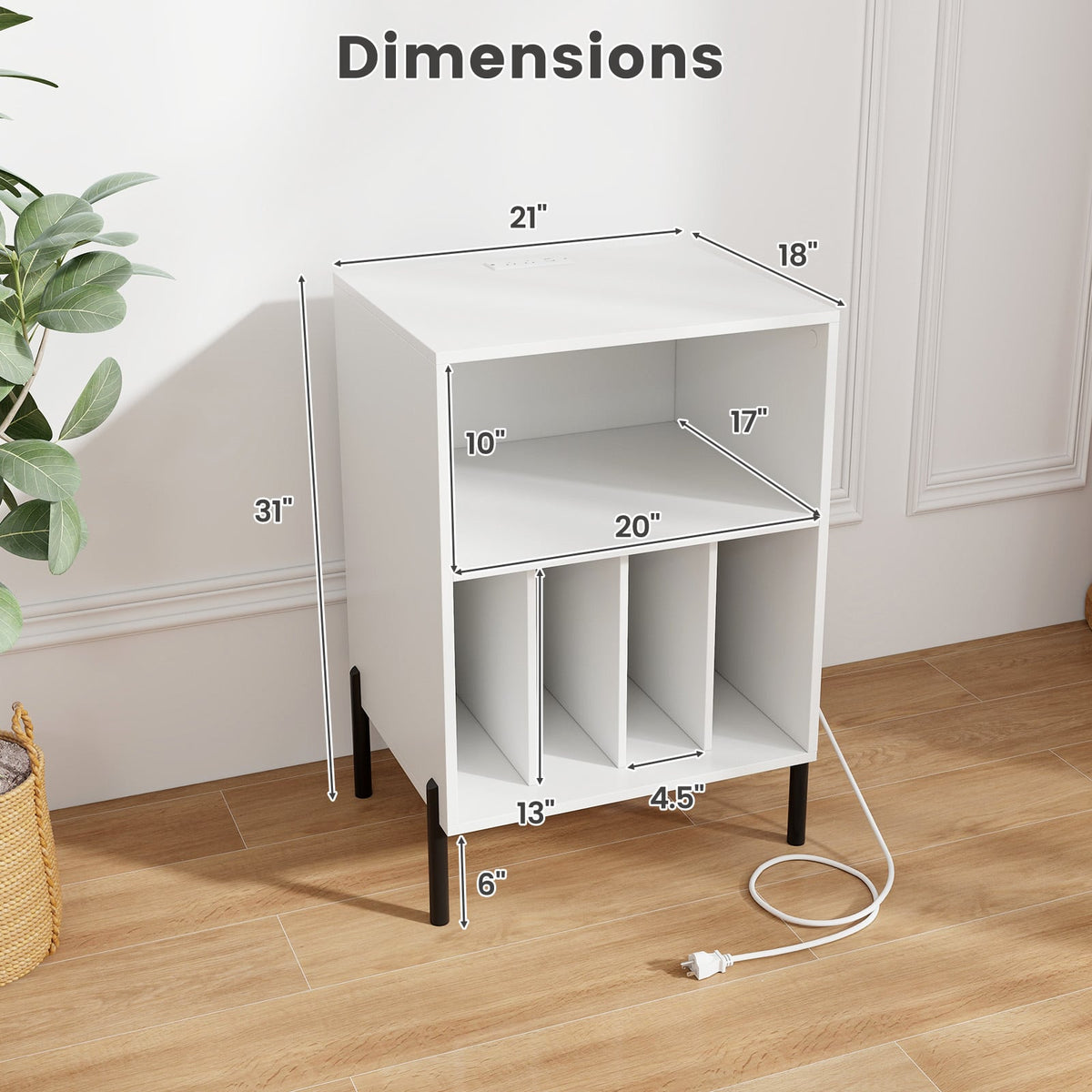Record Player Stand with Record Storage Shelf and Charging Station-White-End & Side Tables-DECOROLALA