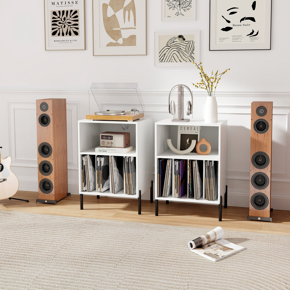 Record Player Stand with Record Storage Shelf and Charging Station-White-End & Side Tables-DECOROLALA