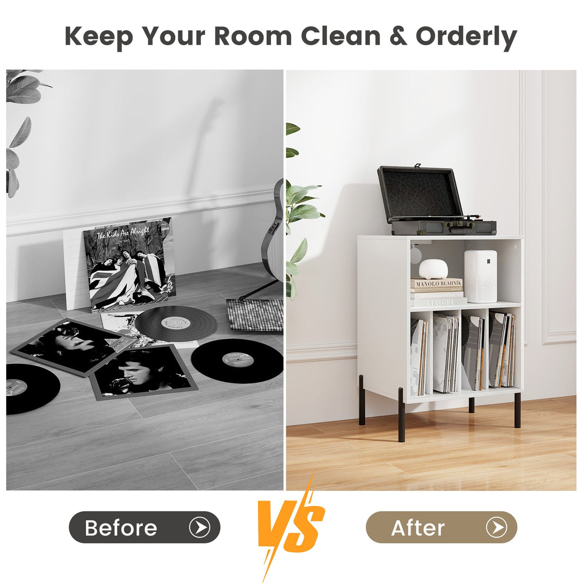 Record Player Stand with Record Storage Shelf and Charging Station-White-End & Side Tables-DECOROLALA