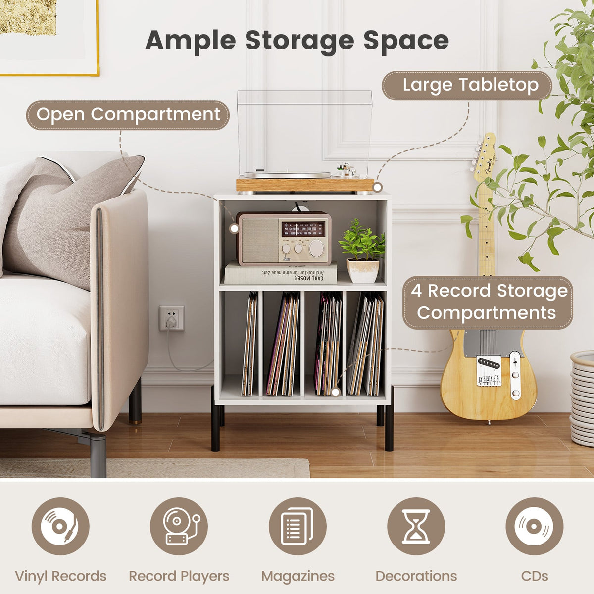 Record Player Stand with Record Storage Shelf and Charging Station-White-End & Side Tables-DECOROLALA
