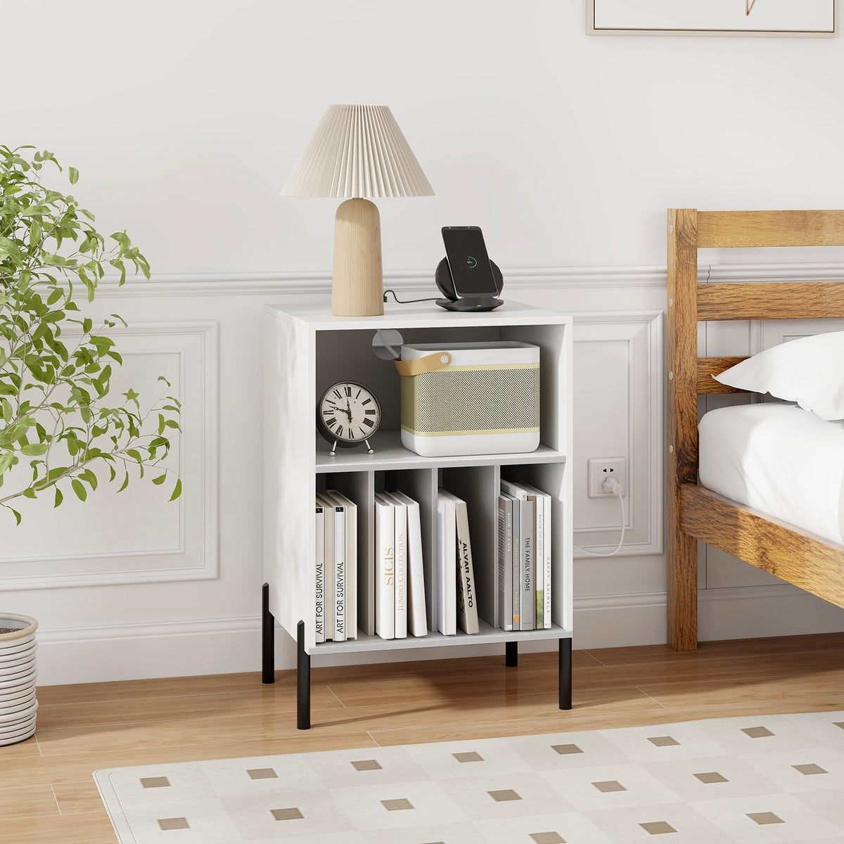 Record Player Stand with Record Storage Shelf and Charging Station-White-End & Side Tables-DECOROLALA