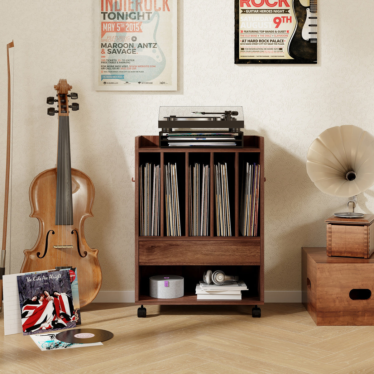 Record Rolling Turntable Player Stand with Drawer-Brown-End & Side Tables-DECOROLALA