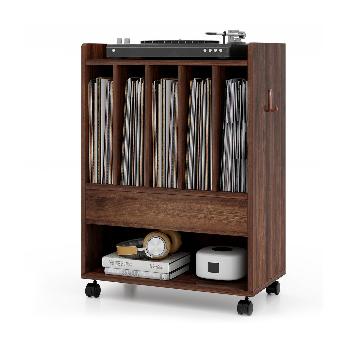 Record Rolling Turntable Player Stand with Drawer-Brown-End & Side Tables-DECOROLALA